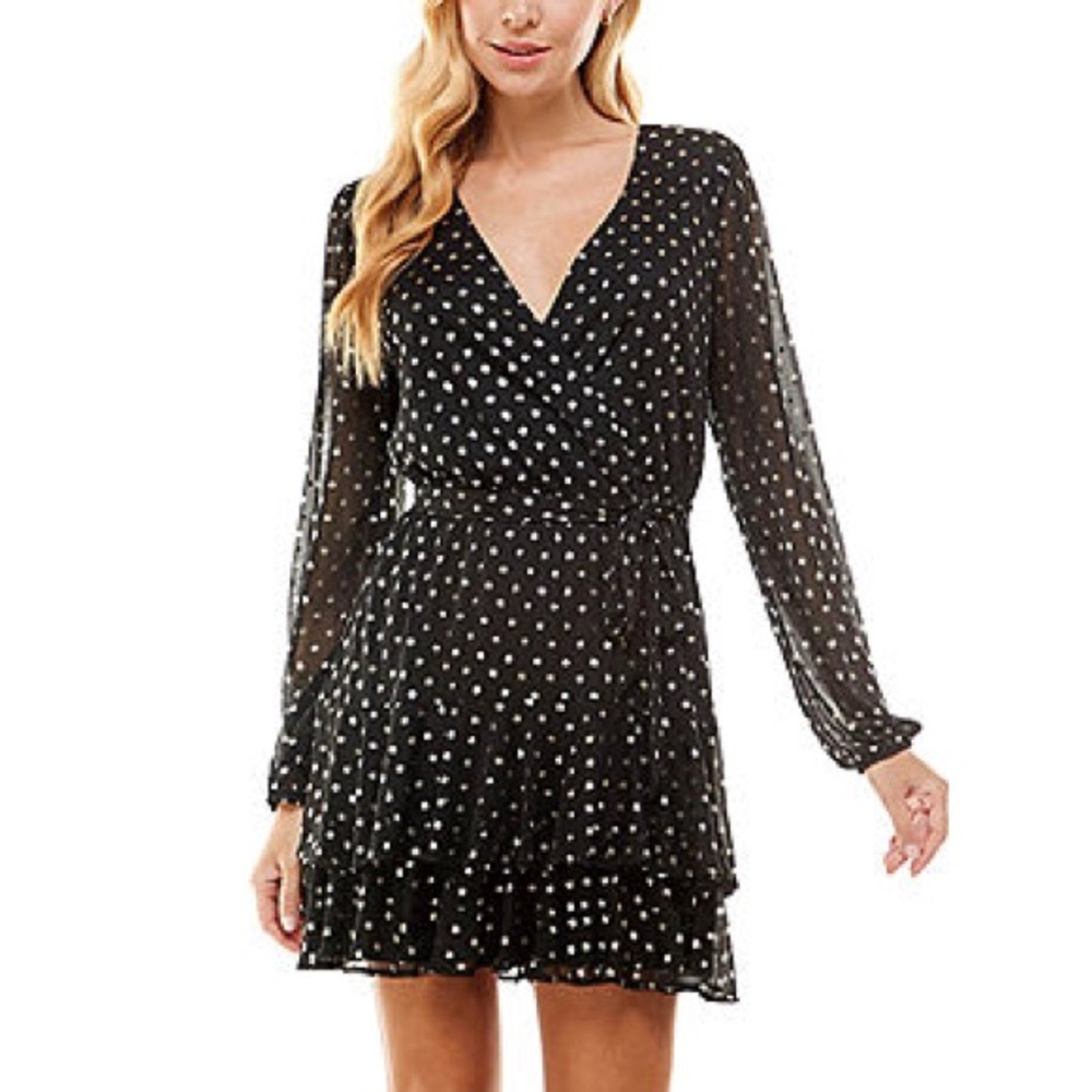 City Studio Polka Dot Foil Long sleeve Ruffle Dress Black Gold XS